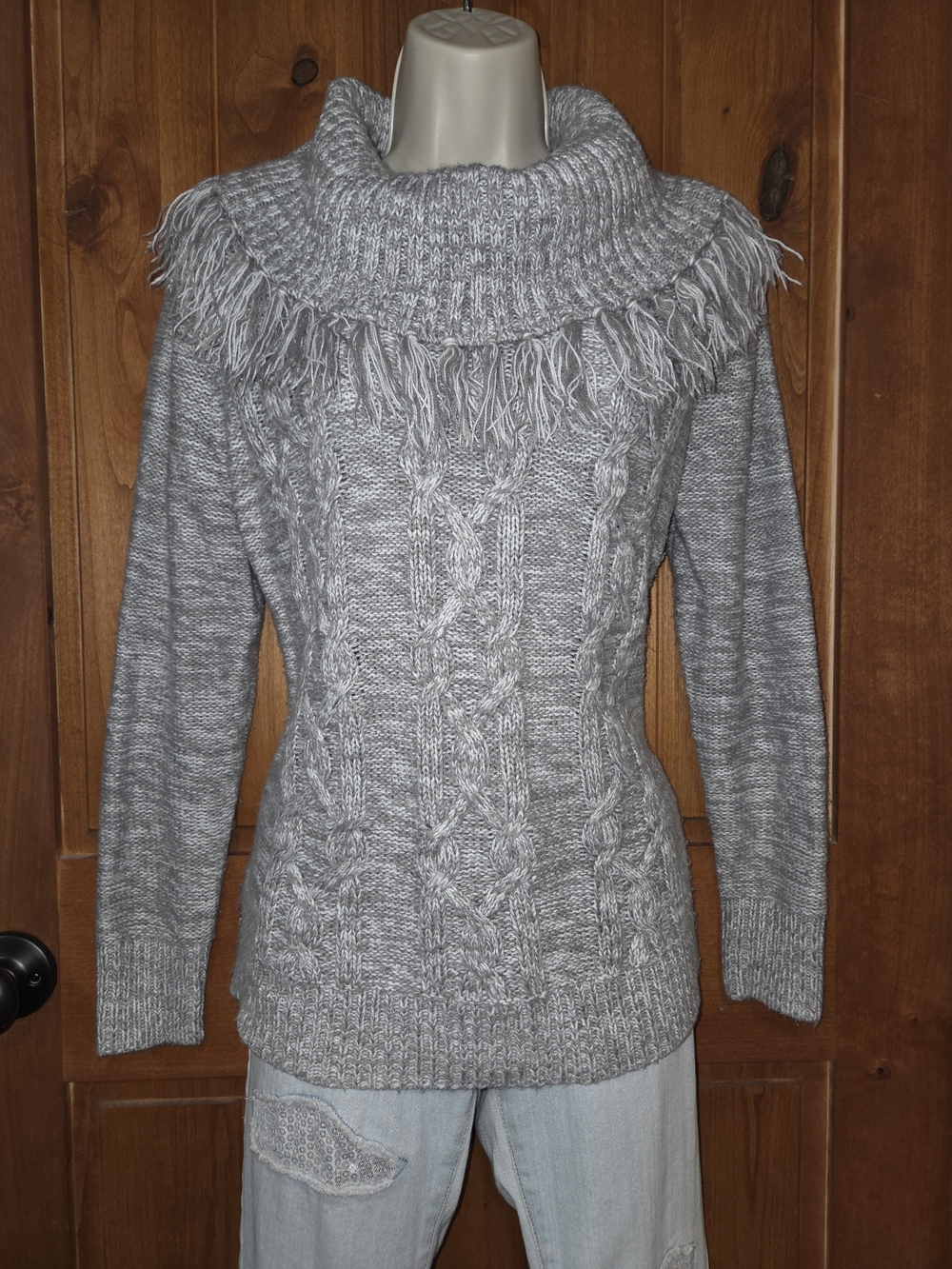 Ruby Rd. Grey Cable Knit Fringe Funnel Neck‎ Sweater